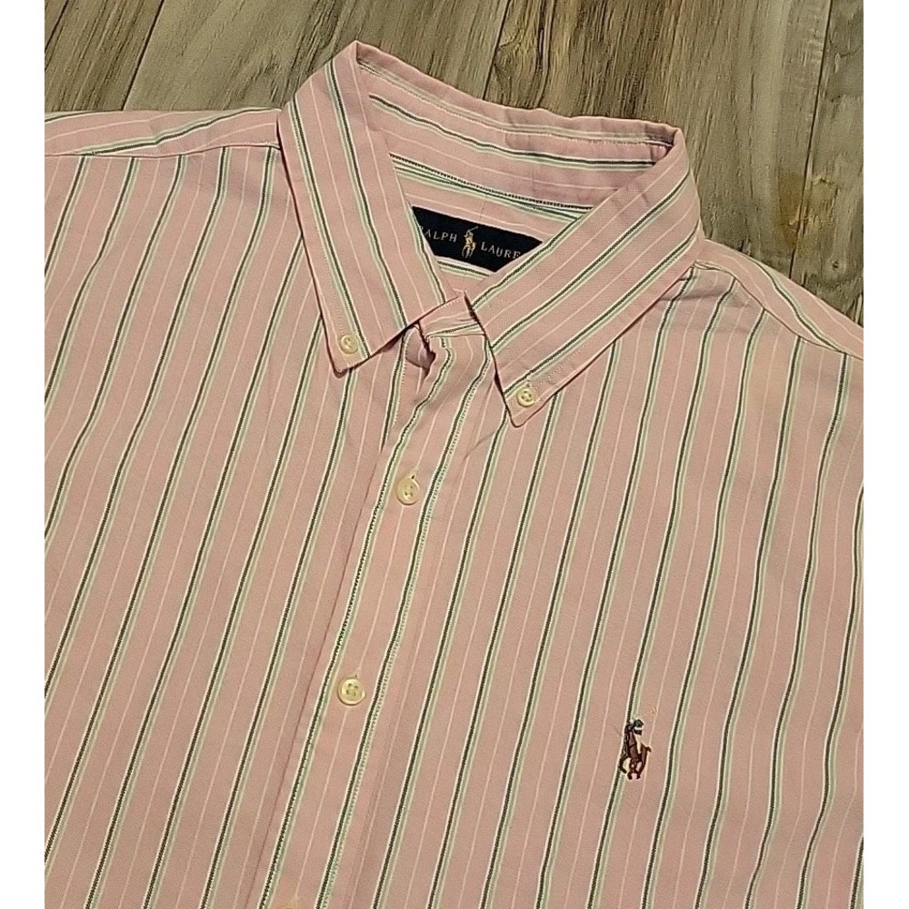 Ralph Lauren Polo Shirt Mens XL Pink‎ Striped Oxford Button Down Long Sleeve
